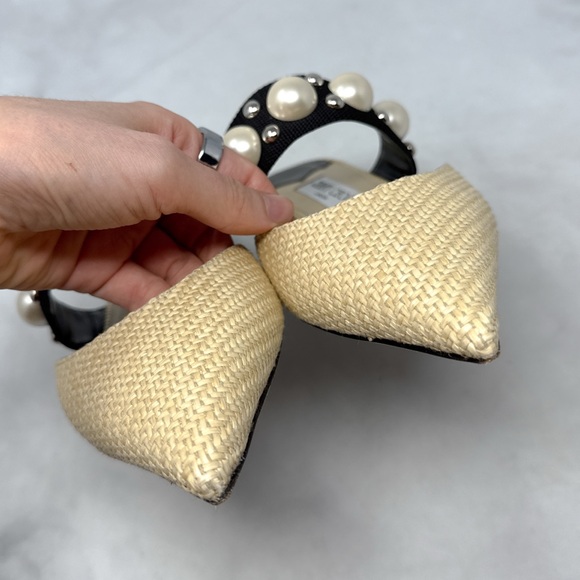 Jimmy Choo Basette Pearl Embellished Raffia Pointed Toe Slide Mule Flat Shoes 38 - Picture 10 of 16